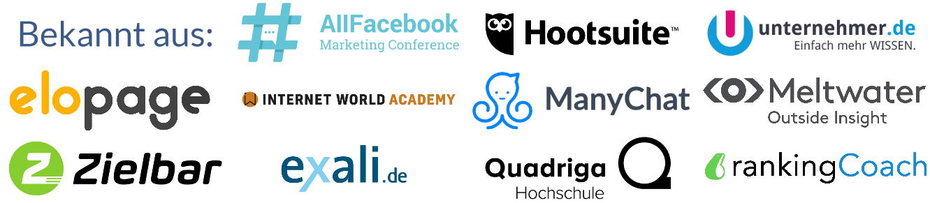 Socialmedia Doktor ist bekannt aus AllFacebook Marketing Conference, unternehmer.de, Internetworld Academy, exali.de, ZIELBAR.de, Hootsuite.com, meltwater.com, Quadriga Hochschule, ManyChat, rankingCoach u.a.